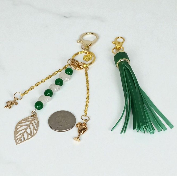Gold Key Charm Tropical Vibes Purse Jewelry Green Tassel Green Jade Pearl Hearts - Picture 12 of 14